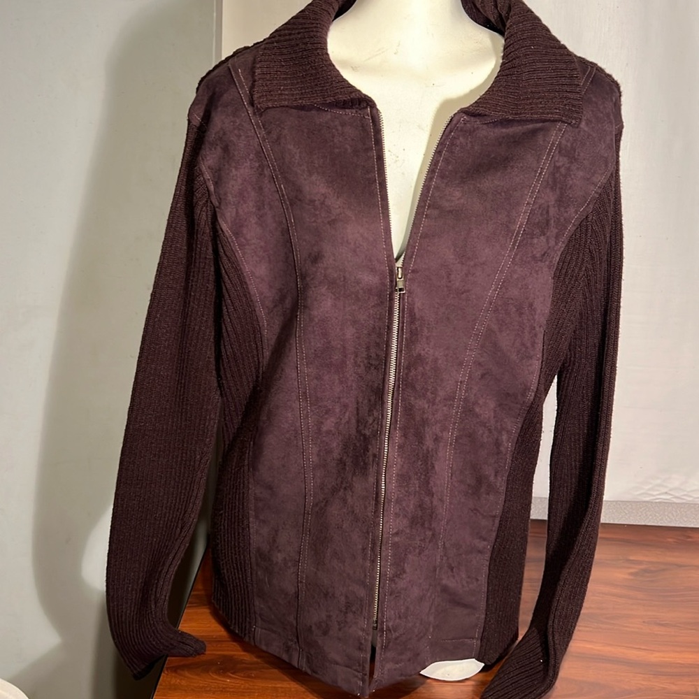 Faced Glory, XL, zip front brown suede, and knit cardigan EUC
